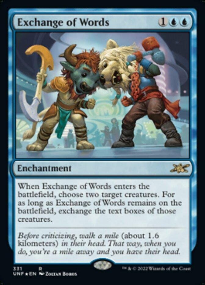 The image is a Magic: The Gathering card named "Exchange of Words (Galaxy Foil) [Unfinity]," a rare enchantment. It depicts two humanoid animals in colorful clothing, each holding a mask of the other's face. The card has a blue frame, costs one blue mana and two generic mana, and features text explaining a gameplay effect that swaps creatures' text boxes.