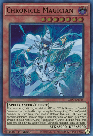 An image of the "Chronicle Magician [GFP2-EN045] Ultra Rare" Yu-Gi-Oh! trading card. The Effect Monster features a spellcaster in mystical armor holding a magical staff, with ATK 2500 and DEF 2500. Its card text details summoning conditions and effects, highlighting its synergy with specific monsters from "Ghosts From the Past.