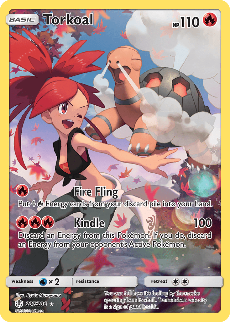 A Torkoal (237/236) [Sun & Moon: Cosmic Eclipse] Pokémon trading card features Torkoal, a tortoise-like creature with a fiery shell emitting smoke. A female trainer, wearing a red headband and with red hair, appears alongside. The Secret Rare card has 110 HP and lists two moves: 