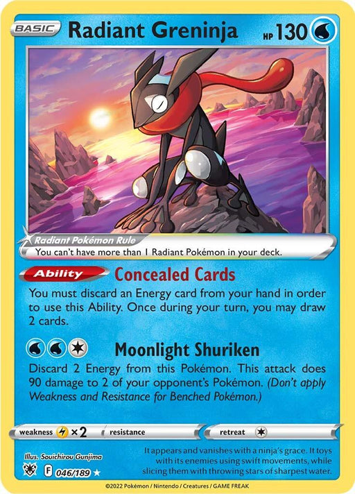 A Pokémon trading card featuring Radiant Greninja (046/189) [Sword & Shield: Astral Radiance] from the Pokémon series. Greninja is poised on a rock, ready for action, against a colorful sunset background. The Ultra Rare card details HP 130, the ability “Concealed Cards,” and the attack “Moonlight Shuriken.” It showcases Water-type in blue and yellow.