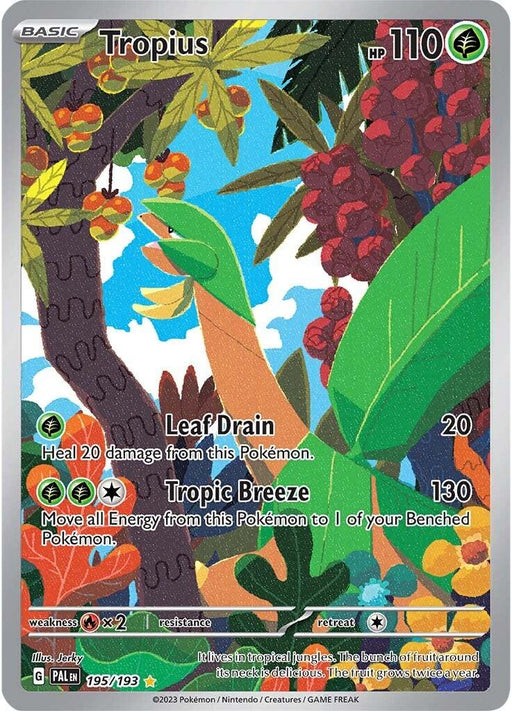 A Pokémon trading card featuring Tropius with 110 HP. The card, part of the Scarlet & Violet: Paldea Evolved series, illustrates Tropius, a green dinosaur-like Pokémon with palm-tree fronds and bananas around its neck. It has two moves: Leaf Drain (20 damage) and Tropic Breeze (130 damage). The lush background features a vibrant jungle. This is the Tropius (195/193) [Scarlet & Violet: Paldea Evolved] by Pokémon.