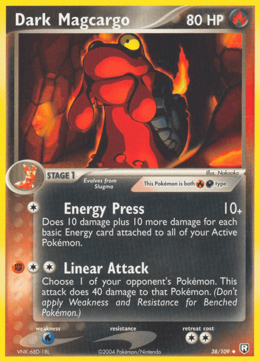 Image of a Dark Magcargo (38/109) [EX: Team Rocket Returns] Pokémon card from the 2004 EX: Team Rocket Returns TCG. Dark Magcargo is depicted in a lava-filled background. The card has 80 HP, and its moves include Energy Press and Linear Attack. Weakness to Darkness is marked, and the illustrator is listed as Nakaoka. The card ID is 38/109.