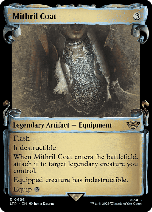 A Magic: The Gathering card named "Mithril Coat [The Lord of the Rings: Tales of Middle-Earth Showcase Scrolls]." This legendary artifact equipment card from Tales of Middle-Earth has a casting cost of 3. It showcases an armored chest plate with a shimmering, metallic sheen. Its abilities include Flash, Indestructible, and granting indestructibility to the equipped creature.