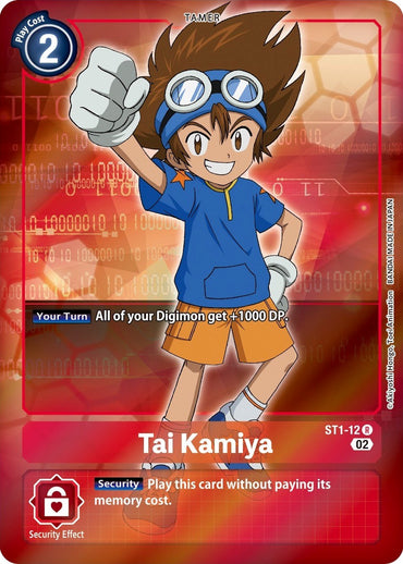 A Digimon card named Tai Kamiya [ST1-12] (Alternate Art) from the Starter Deck: Jesmon, showcasing a character with spiky brown hair wearing goggles, a blue shirt, and orange shorts. It grants a +1000 DP boost to all Digimon during the player's turn and can be played without memory cost when revealed from security.