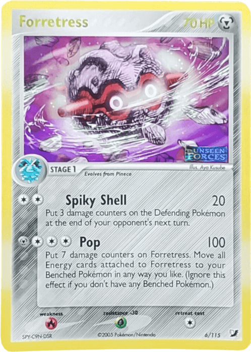 A Pokémon Forretress (6/115) (Stamped) [EX: Unseen Forces] card featuring Forretress with 70 HP from the EX Unseen Forces series. Forretress is depicted with a metallic shell and pink, glowing eyes. Attacks include Spiky Shell (20 damage) and Pop (100 damage). The card has a retreat cost of 2, is weak to fire, and resistant to grass.