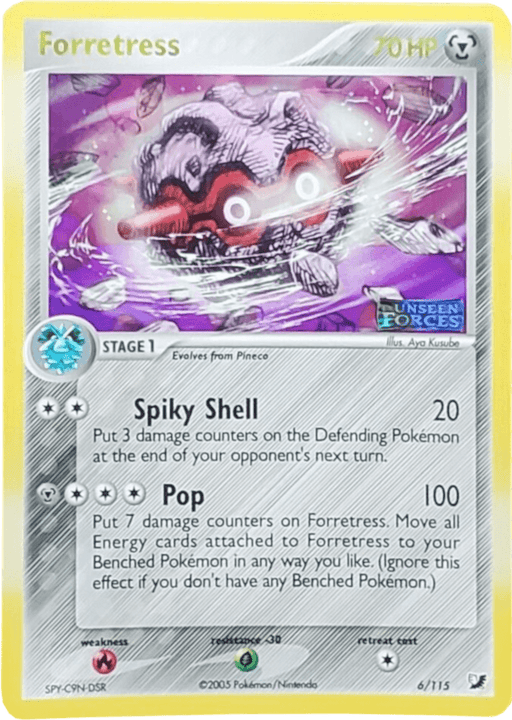 A Pokémon Forretress (6/115) (Stamped) [EX: Unseen Forces] card featuring Forretress with 70 HP from the EX Unseen Forces series. Forretress is depicted with a metallic shell and pink, glowing eyes. Attacks include Spiky Shell (20 damage) and Pop (100 damage). The card has a retreat cost of 2, is weak to fire, and resistant to grass.