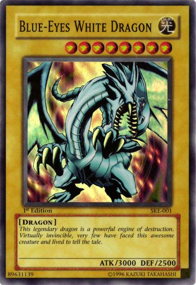 A Super Rare trading card named "Blue-Eyes White Dragon [SKE-001]" from the Yu-Gi-Oh! brand, featuring a legendary white dragon with blue eyes, sharp claws, and wings. This invincible creature boasts attributes of ATK 3000 and DEF 2500, marked as the 1st Edition and identified with the number SKE-001, highlighting its legendary power.