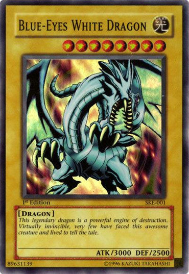 A Super Rare trading card named "Blue-Eyes White Dragon [SKE-001]" from the Yu-Gi-Oh! brand, featuring a legendary white dragon with blue eyes, sharp claws, and wings. This invincible creature boasts attributes of ATK 3000 and DEF 2500, marked as the 1st Edition and identified with the number SKE-001, highlighting its legendary power.