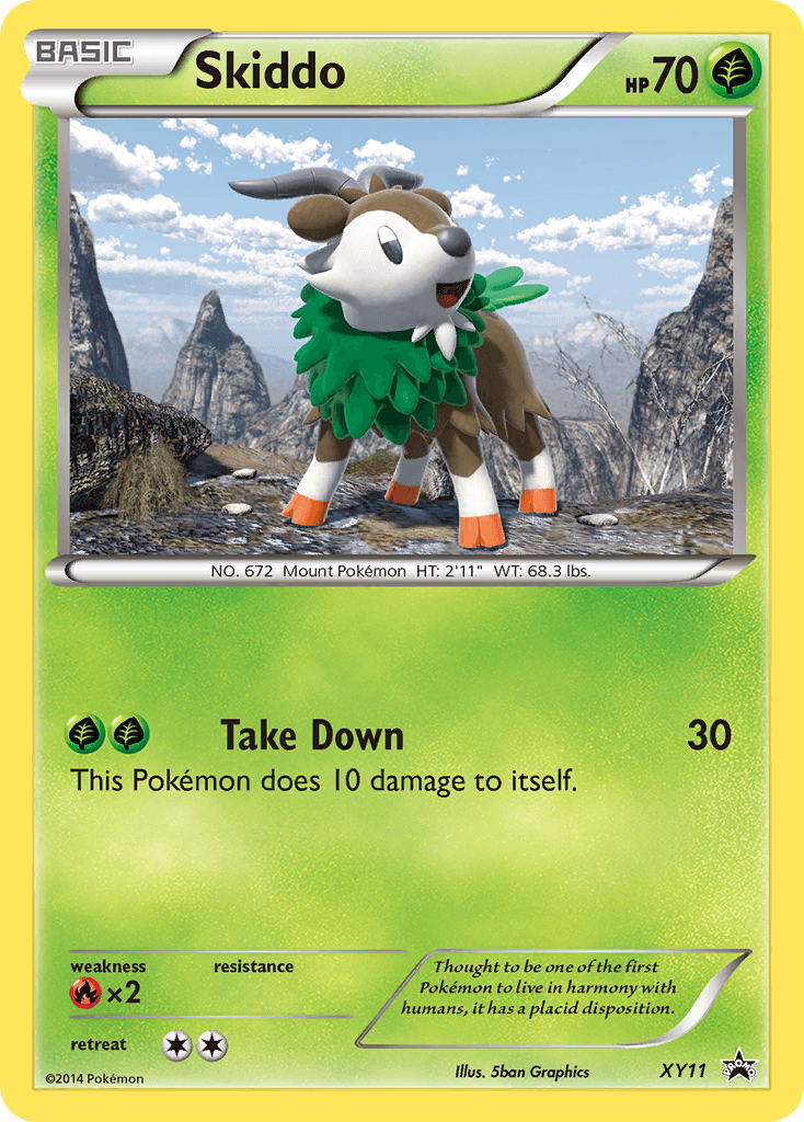 A Pokémon Skiddo (XY11) [XY: Black Star Promos] for Skiddo, a Basic type with HP 70. The card, part of the Pokémon series, features Skiddo in a mountainous background with rugged peaks. It includes the attack 