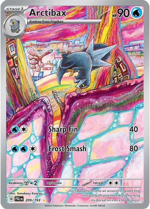 A Pokémon trading card from the Scarlet & Violet: Paldea Evolved series features an Illustration Rare of Arctibax (209/193) [Scarlet & Violet: Paldea Evolved], a gray, dragon-like creature standing on a colorful, vibrant platform. The card displays its HP as 90 and lists two moves: "Sharp Fin" (40 damage) and "Frost Smash" (80 damage). The background is an abstract, multicolored,

