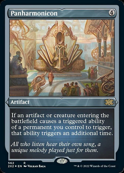 The image is of a rare Magic: The Gathering card from Double Masters 2022 named "Panharmonicon (Foil Etched) [Double Masters 2022]". It is an artifact card with a casting cost of 4 colorless mana. The illustration depicts a majestic, ornate instrument in a grand hall, surrounded by figures. The text explains the card's ability to double triggered effects of permanents you control. Below, flavor text reads:

