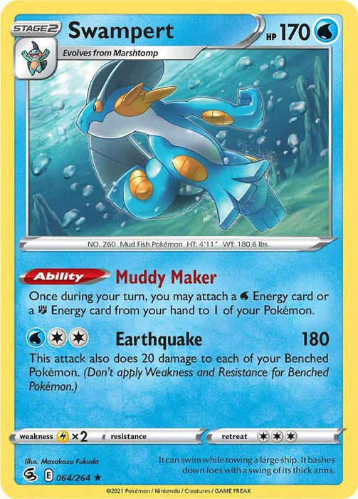 A Pokémon card featuring Swampert, a blue and orange amphibious creature with fins and muscular limbs. This Holo Rare card has 170 HP, the "Muddy Maker" ability, and the "Earthquake" attack. The bottom half displays card details, including the illustrator’s name and the Fusion Strike set number: Swampert (064/264) [Sword & Shield: Fusion Strike].