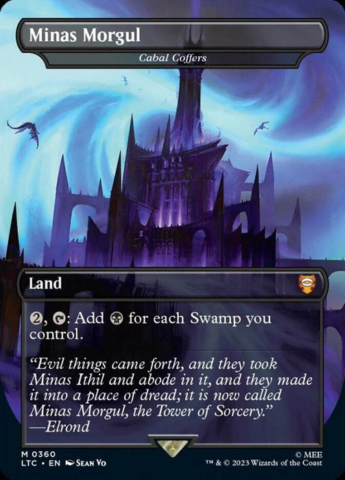 A Magic: The Gathering card named "Cabal Coffers - Minas Morgul [The Lord of the Rings: Tales of Middle-Earth Commander]." This Mythic Land card features art depicting a dark, ominous fortress with sharp spires under a swirling, eerie sky. The text describes its mana abilities and includes a quote from Elrond. From the Tales of Middle-Earth series, artist Sean Vo.