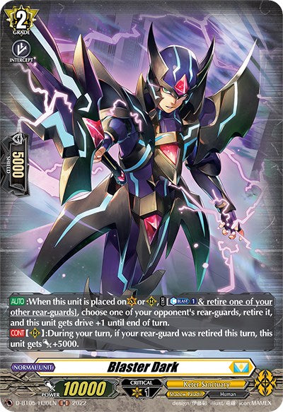 A trading card titled "Blaster Dark (D-BT05/H30EN) [Triumphant Return of the Brave Heroes]" from the Shadow Paladin clan, under the Bushiroad brand, portrays an armored character wielding a large sword with pink accents. The character is adorned in dark, futuristic armor highlighted by glowing blue and pink lines. This Holo card from the Triumphant Return of the Brave Heroes set features 10000 power and holds a Grade 2 classification.