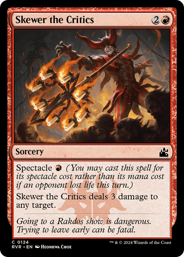 The image features the Magic: The Gathering card Skewer the Critics [Ravnica Remastered]. It depicts a flamboyant jester wielding a flaming trident and casting fire. The card text indicates it has a spectacle cost and deals 3 damage. The flavor text warns that leaving a Rakdos show can be fatal. Art by Heonhwa Choe.