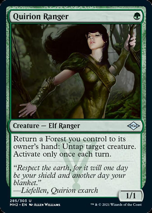 A Magic: The Gathering Quirion Ranger [Modern Horizons 2] card featuring the uncommon "Quirion Ranger." The card shows a female elf ranger in a green outfit with long dark hair, standing in a forest with her arms gracefully extended. The card text details her ability to return a Forest to its owner's hand to untap a target creature.