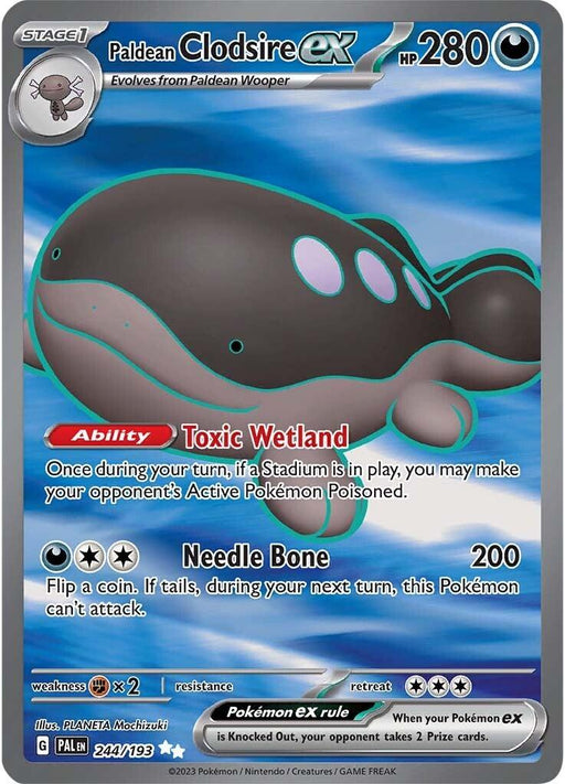 Description: An Ultra Rare Pokémon trading card featuring Paldean Clodsire ex (244/193) [Scarlet & Violet: Paldea Evolved] with a HP of 280 from the Scarlet & Violet series. It evolves from Paldean Wooper and has the Ability Toxic Wetland, poisoning an opponent's Active Pokémon, and the Needle Bone attack that deals 200 damage. The card is numbered 244/193.