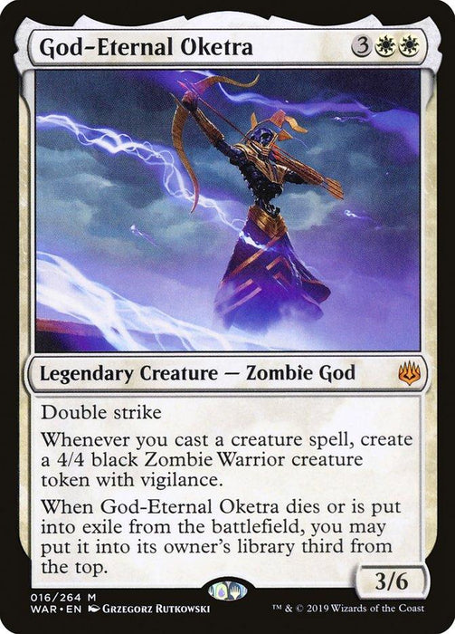 A Magic: The Gathering card titled **"God-Eternal Oketra [War of the Spark]"**. This mythic card showcases an armored, purple Zombie God with a bow and three arrows, set against a stormy, lightning-filled backdrop. With double strike and other powerful abilities, it creates 4/4 black Zombie Warrior tokens and returns if it dies or is exiled.