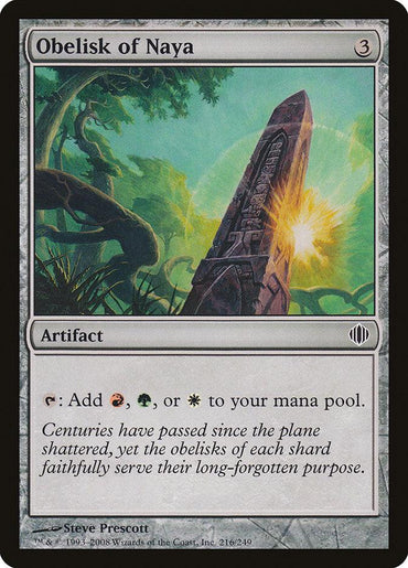 The image depicts a Magic: The Gathering card called "Obelisk of Naya" from the Shards of Alara collection, featuring an ancient stone obelisk in a vibrant, green landscape with sunlight streaming through the trees. This artifact allows players to add red, green, or white mana to their pool.