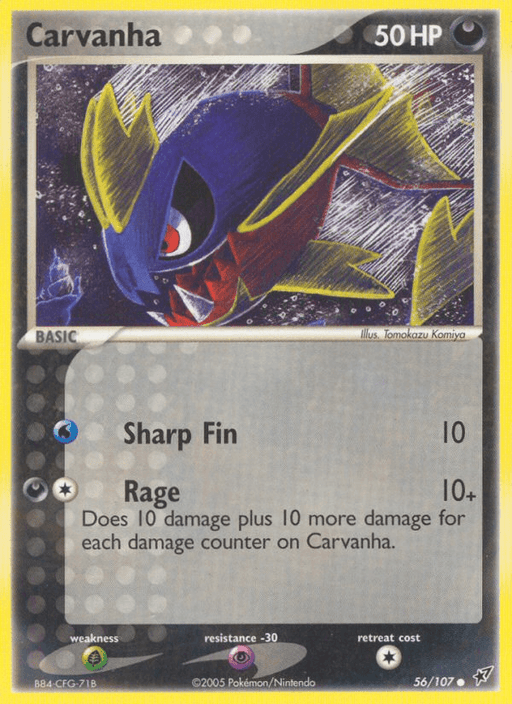 Image of a Carvanha (56/107) [EX: Deoxys] Pokémon trading card from the EX: Deoxys series. The common card shows Carvanha, a blue and red aquatic Pokémon with sharp yellow fins and menacing teeth. It has 50 HP and features two moves: "Sharp Fin" (10 damage) and "Rage" (10+ damage). The card also details its weakness, resistance, and retreat.