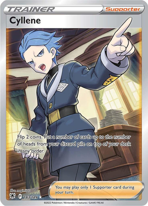 The image displays an Ultra Rare Pokémon Trainer card for "Cyllene (183/189) [Sword & Shield: Astral Radiance]" from the Pokémon set. It features an animated character with blue hair, in a dark outfit with a badge, pointing forward. The card text reads: "Flip 2 coins. Put cards up to the number of heads from your discard pile on top of your deck in any order." Only