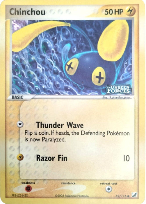 A Pokémon Chinchou (52/115) (Stamped) [EX: Unseen Forces] card featuring Chinchou with 50 HP from the EX: Unseen Forces set. The illustration shows the fish-like Pokémon with yellow antennae and fins. It has two moves: Thunder Wave, a Lightning attack that may paralyze the opponent, and Razor Fin with 10 damage. Card number 52/115 is marked as Common.