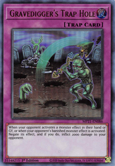 A Yu-Gi-Oh! trading card titled "Gravedigger's Trap Hole [MP21-EN086] Ultra Rare." The Ultra Rare card displays an eerie cemetery scene with gravestones, skeletal arms emerging from the ground, and a menacing creature holding a shovel. Identified by its pink border as a Normal Trap, it negates certain monster effects and inflicts 2000 damage. Found in the 2021 Tin of Yu-Gi-Oh!.