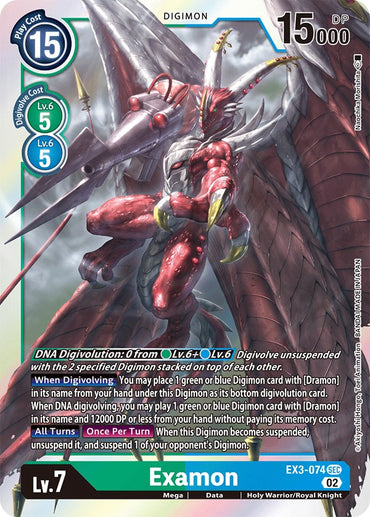 The Digimon card "Examon [EX3-074] [Draconic Roar]" features a red, draconic creature with expansive wings and a lance, representing the powerful Draconic Roar. This Secret Rare from the Digimon brand includes game stats: 15 play cost, 5 digivolution cost, DP of 15000, and level 7. The card's abilities are provided in the text box below its captivating image.