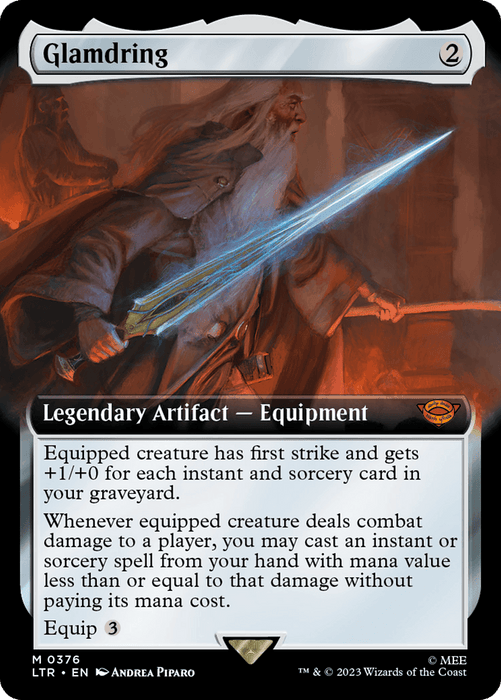 A Magic: The Gathering card called "Glamdring (Extended Art) [The Lord of the Rings: Tales of Middle-Earth]" depicts an older bearded man wielding a glowing blue sword. As a Legendary Artifact from The Lord of the Rings: Tales of Middle-Earth, the card has a mana cost of 2, equips for 3, and provides the equipped creature with first strike and additional power.