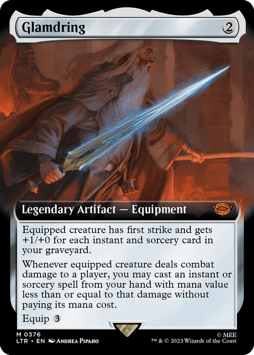 A Magic: The Gathering card called "Glamdring (Extended Art) [The Lord of the Rings: Tales of Middle-Earth]" depicts an older bearded man wielding a glowing blue sword. As a Legendary Artifact from The Lord of the Rings: Tales of Middle-Earth, the card has a mana cost of 2, equips for 3, and provides the equipped creature with first strike and additional power.