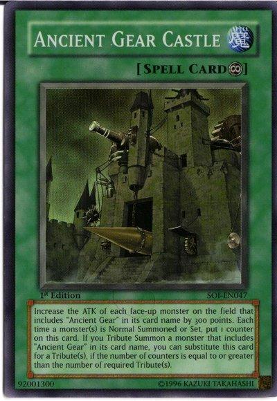 A Yu-Gi-Oh! Continuous Spell Card named "Ancient Gear Castle [SOI-EN047] Super Rare." The card art depicts a mechanical, medieval fortress with large gears and cannons under a greenish sky. Featured in Shadow of Infinity, the card text describes its effect of increasing the ATK of "Ancient Gear" monsters and allowing tribute with one less monster.