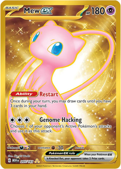 A Pokémon Mew ex (205/165) (151 Metal Card) [Scarlet & Violet: 151] with a golden border. Mew floats, glowing in radiant golden light. The card boasts 180 HP and features two abilities: "Restart" for card draws and "Genome Hacking" to use an opponent’s attack. The Psychic-type card is part of the Scarlet & Violet series, labeled 205/165.