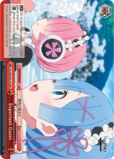 A sideways anime trading card from Bushiroad's Re:ZERO Memory Snow depicts two characters with pink and blue hair, respectively. They are wearing maid outfits with matching hair accessories and looking skyward. The card features stats and abilities in the bottom half, along with the title "Expectant Gazes (RZ/S68-E051R RRR) [Re:ZERO Memory Snow].