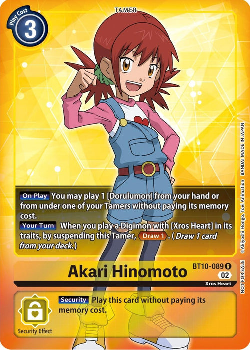 Card image features Akari Hinomoto from the Digimon card game, a Tamer with red hair tied in two ponytails. She wears a pink long-sleeve shirt, blue overalls, and a yellow backpack. The card has play, draw, and security effects and allows playing Dorulumon. Cost is 3. Set number Akari Hinomoto [BT10-089] (Box Topper) [Xros Encounter] from the Xros Heart series