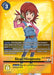 Card image features Akari Hinomoto from the Digimon card game, a Tamer with red hair tied in two ponytails. She wears a pink long-sleeve shirt, blue overalls, and a yellow backpack. The card has play, draw, and security effects and allows playing Dorulumon. Cost is 3. Set number Akari Hinomoto [BT10-089] (Box Topper) [Xros Encounter] from the Xros Heart series