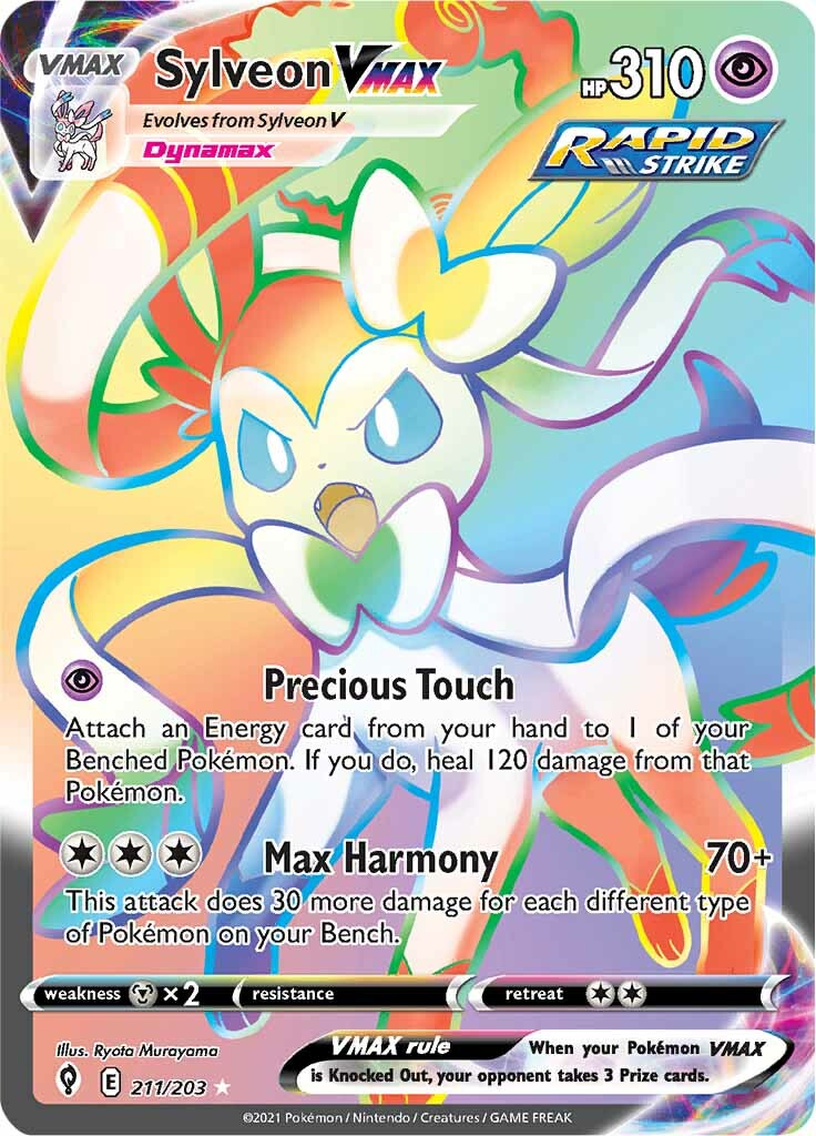 A Sylveon VMAX (211/203) Pokémon card from the Sword & Shield: Evolving Skies set showcases Sylveon with vivid swirling patterns in the background. This colorful card features 310 HP, Rapid Strike, and includes moves like Precious Touch and Max Harmony. Decorative elements and game prerequisites are clearly visible on the card.