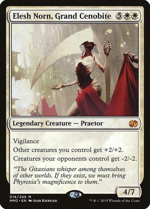 A Magic: The Gathering card titled "Elesh Norn, Grand Cenobite [Modern Masters 2015]." It depicts a tall, pale figure in an elaborate white and red gown with an elongated headdress. This mythic card has a mana cost of 5 white/white, is part of Modern Masters 2015, and is a legendary Phyrexian Praetor creature. It has 4 power and