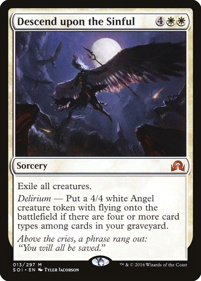 Descend upon the Sinful," a Mythic Sorcery from Magic: The Gathering's Shadows over Innistrad set, depicts a breathtaking angel emerging from a moonlit sky with wings aloft. This powerful sorcery exiles all creatures and, when delirium is triggered, summons an angel creature token to aid in the celestial conflict.