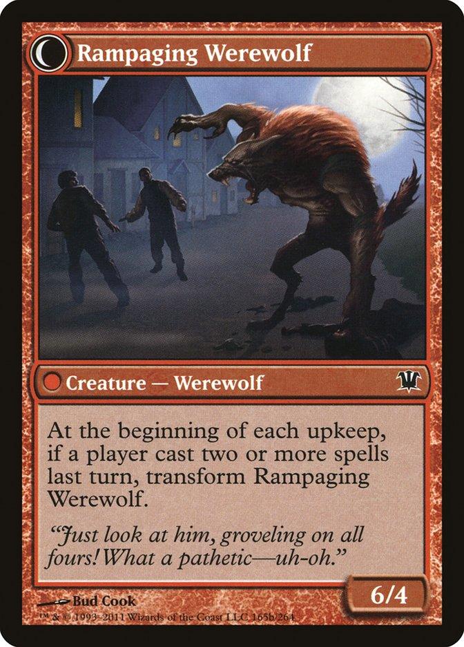 A Magic: The Gathering card from the Innistrad set titled "Tormented Pariah // Rampaging Werewolf." The artwork depicts a fierce werewolf roaring at two frightened villagers. It is a red creature card with power/toughness of 6/4. The card text indicates that it will transform into a Human Warrior Werewolf if two or more spells were cast last turn.