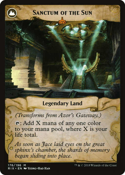 The **Magic: The Gathering** card titled "Azor's Gateway // Sanctum of the Sun [Secret Lair: From Cute to Brute]" shows a mystical, ancient interior with a large glowing artifact and stone columns. Reminiscent of a Legendary Artifact from Secret Lair, text reads: "Legendary Land: Add X mana of any one color to your mana pool, where X is your life total." Illustrated by Yeong-Hao Han.