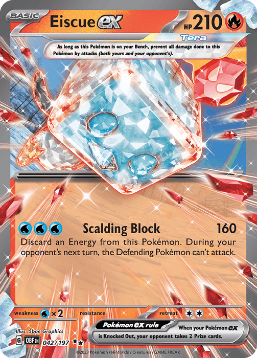 A Pokémon card featuring Eiscue ex (042/197) [Scarlet & Violet: Obsidian Flames] with 210 HP. The card showcases a blocky, ice-like Pokémon surrounded by ice shards. Its moves include Scalding Block with an attack of 160. This Double Rare card boasts the Terastal trait, water typing, and detailed game-related text, set against vibrant visuals of ice and snow from the Scarlet & Violet series.

