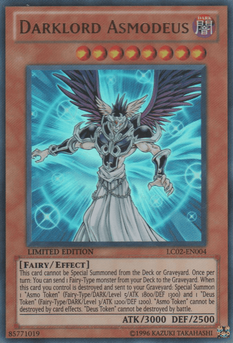 Image of *Yu-Gi-Oh!* card named "Darklord Asmodeus [LC02-EN004] Ultra Rare." The Ultra Rare card features a dark, winged, muscular figure with white hair, wearing intricate armor and surrounded by a glowing aura. It's an Effect Monster with 3000 ATK and 2500 DEF from the Legendary Collection 2. Other card details include effect text and info at the bottom.