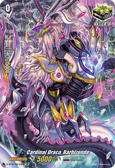 A vibrant trading card from the Bushiroad brand, titled "Cardinal Draco, Barbizonde (D-BT01/SP34EN) [Genesis of the Five Greats]," showcases a futuristic, dragon-like creature adorned in elaborate pink and lavender armor with gold accents. The intricate design features mechanical elements and glowing energy. This card boasts 5000 power and critical attributes.