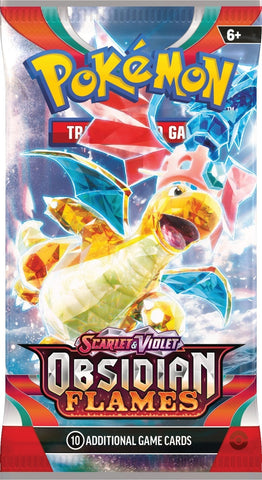 The Scarlet & Violet: Obsidian Flames - Booster Pack by Pokémon shows a vibrant design with crystal-like Dragonite and Charizard ex amid flames and ice. It contains 10 additional game cards and is labeled for ages 6+.