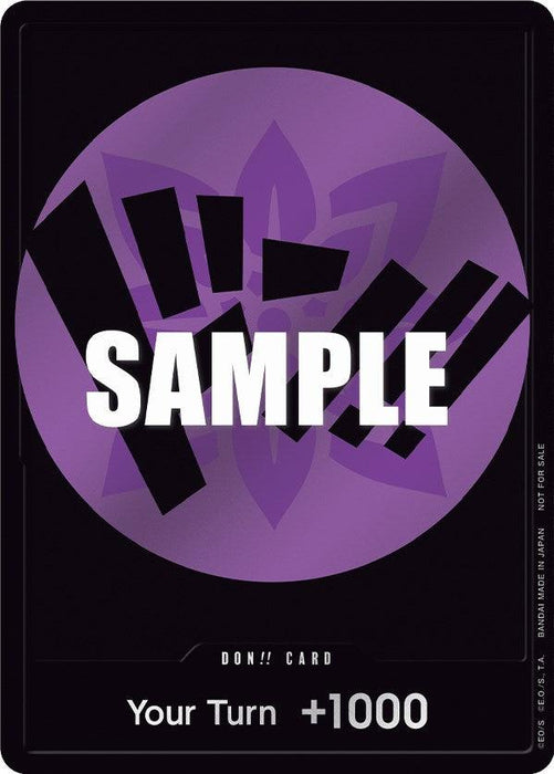 A vertical black card, featuring a large, stylized purple starburst design in the center, is partially covered by bold white text saying "SAMPLE." At the bottom, it reads "DON!! Card (Purple) [One Piece Promotion Cards]," indicating it's a Card Type DON from Bandai. Below that, white text on black states, "Your Turn +1000." Small text along the border notes it is made.