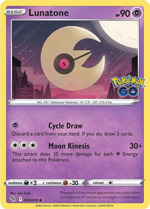A Lunatone (034/078) [Pokémon GO] card from Pokémon featuring Lunatone. This uncommon card has a purple border and showcases an image of Lunatone, a crescent moon-shaped Psychic Pokémon with an eye in the center. With 90 HP, it features the moves "Cycle Draw" and "Moon Kinesis." The Pokémon GO logo is present on the front.