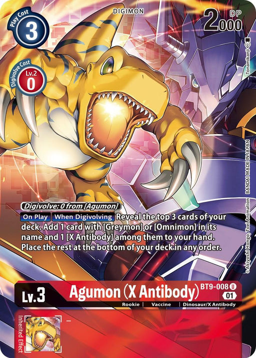 A Digimon card for "Agumon (X Antibody) [BT9-008] (Alternate Art) [X Record]." The card displays Agumon roaring fiercely, evoking power and intensity reminiscent of Greymon. Key stats include Level 3, Play Cost 3, and 2000 DP. It features special abilities and instructions related to revealing and adding cards to the hand from the deck.