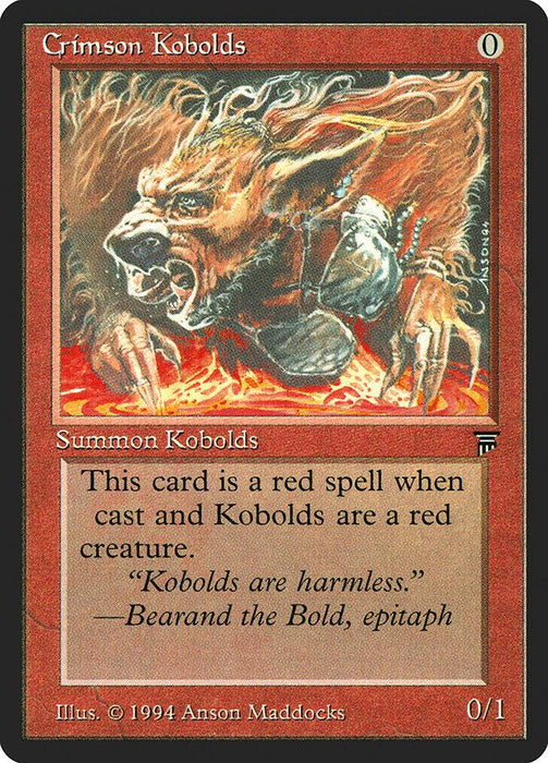 The Magic: The Gathering card "Crimson Kobolds [Legends]" depicts a fierce kobold with striking red scales. As a 0-cost Red Spell, it has 0/1 stats, and the card text reads: "Kobolds are a red creature and harmless." —Bearand the Bold, epitaph.