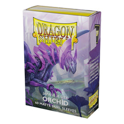 Arcane Tinmen's Dragon Shield: Japanese Size 60ct Sleeves in Orchid (Dual Matte) feature fantasy art of a purple dragon-like creature in ornate armor. The packaging says "Dragon Shield," "Japanese Size," and "Orchid." A yellow logo ensures premium card protection.