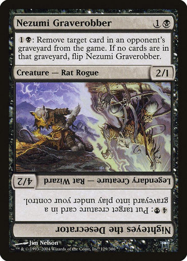 A Magic: The Gathering card titled "Nezumi Graverobber // Nighteyes the Desecrator" from the set Champions of Kamigawa features a rat rogue at night, digging at a grave with a shovel, and has abilities and stats of 2/1. When flipped, it showcases "Nighteyes the Desecrator," a rat wizard with enhanced stats of 4/2, along with additional text and abilities.